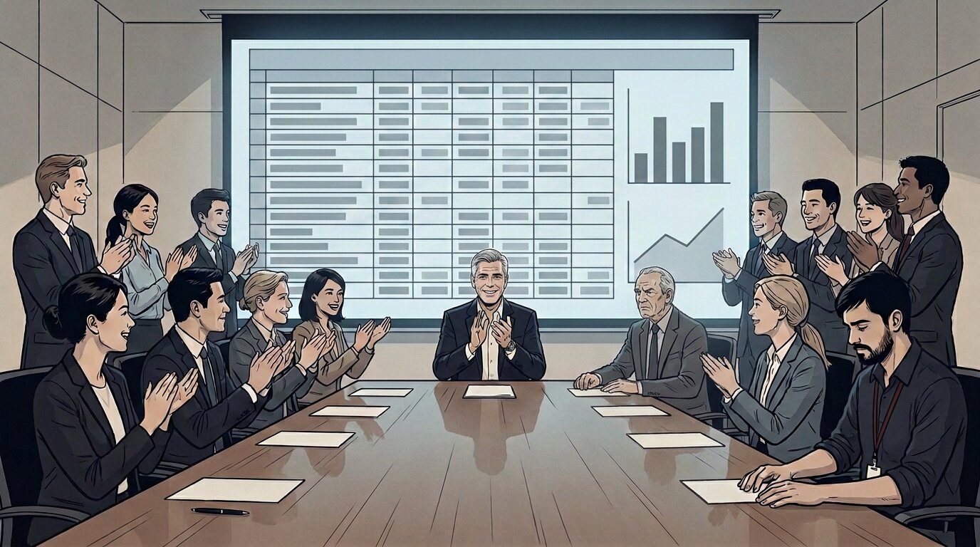 A boardroom mid-applause. Two people are not clapping.