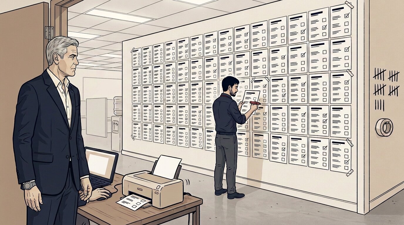A wall of printed permission screens.